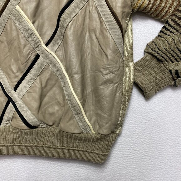 VINTAGE Saxony Sweater Mens L Brown Geometric Leather Pullover Knitted - Picture 3 of 12